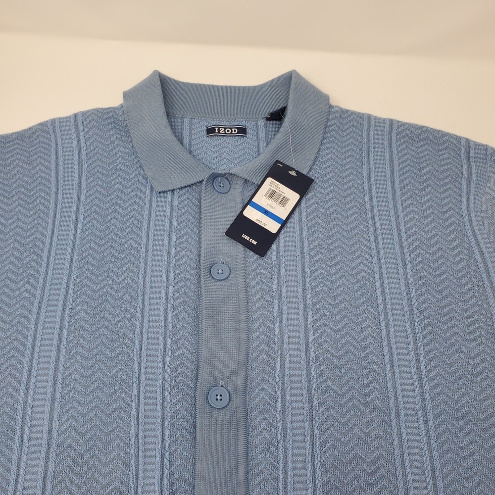 IZOD Button-Down Mens XL Riviera Blue Textured Short Sleeve Sweater NEW